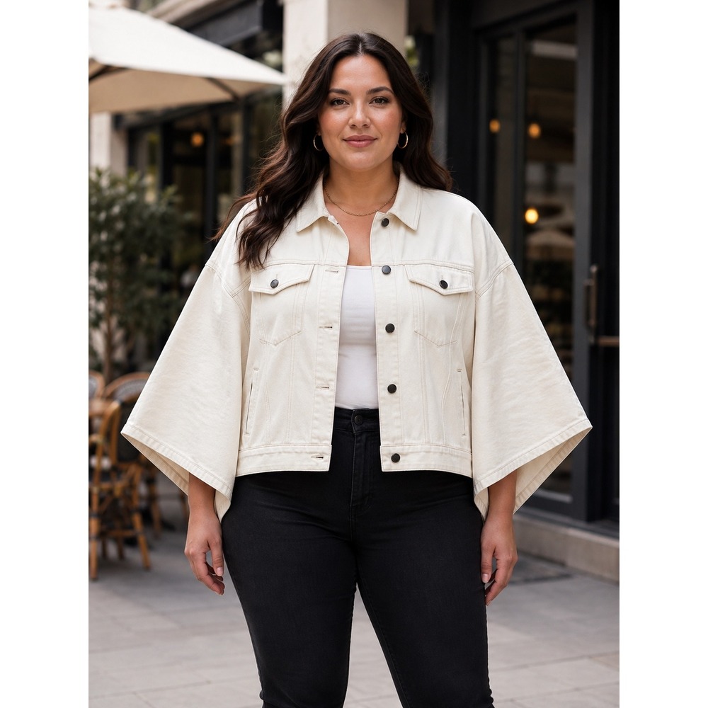 NWT Pilcro Anthropologie Weston Cape Denim Jacket Women L/XL Ivory Oversized